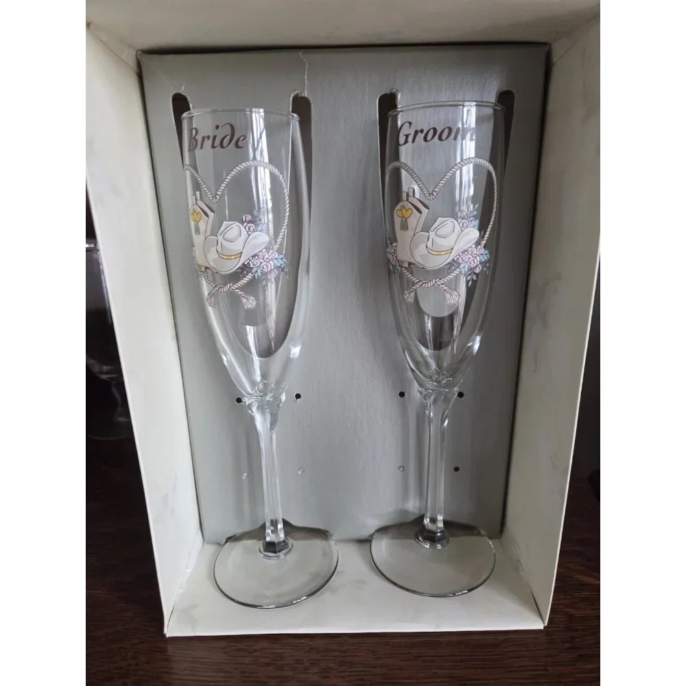 Vintage Wedding Star Western Cowboy Champagne Toasting Flutes Boots Hat Country